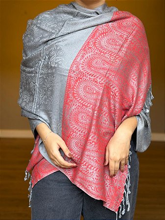 Pashmina de Viscose - Estampada - Cinza e Vermelho