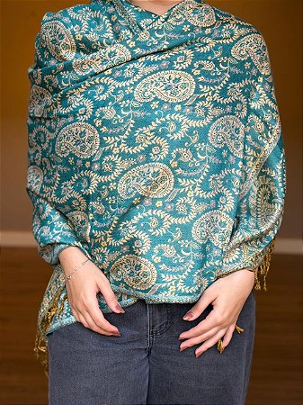 Pashmina de Viscose - Estampada - Dupla Face - Turquesa e Bege