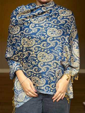 Pashmina de Viscose - Estampada - Dupla Face - Azul e Bege