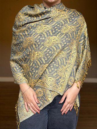 Pashmina de Viscose - Estampada - Dupla Face - Cinza e Bege