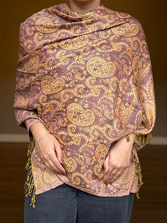 Pashmina de Viscose - Estampada - Dupla Face - Lilás e Bege