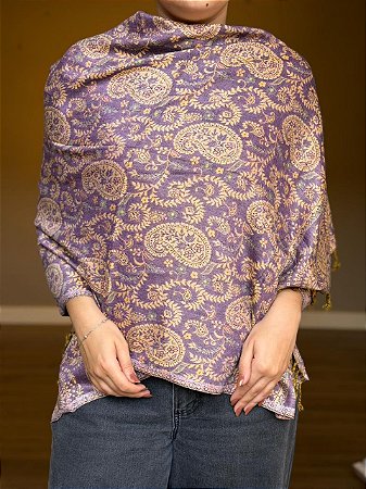 Pashmina de Viscose - Estampada - Dupla Face - Lilás e Bege