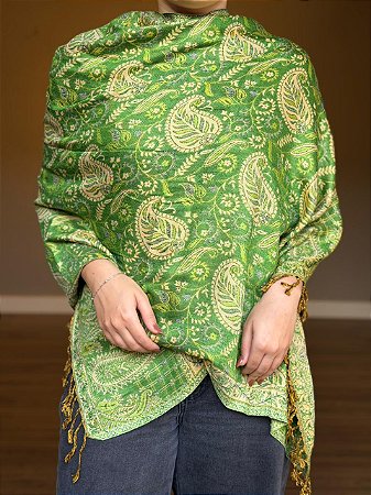 Pashmina de Viscose - Estampada - Dupla Face - Verde Claro e Bege