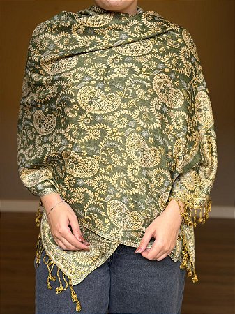Pashmina de Viscose - Estampada - Dupla Face - Verde e Bege