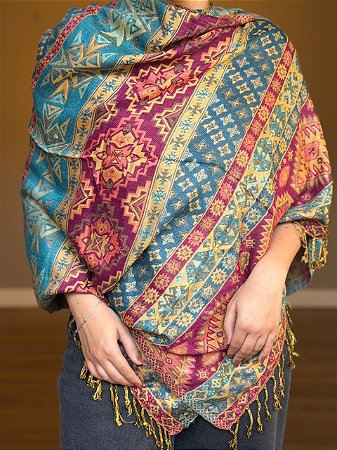 Pashmina de Viscose - Estampada - Rosa e Azul