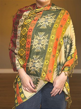 Pashmina de Viscose - Estampada - Verde, Laranja e Vermelho