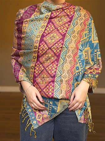 Pashmina de Viscose - Estampada - Rosa e Azul