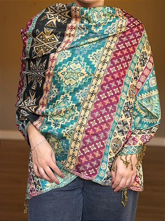 Pashmina de Viscose - Estampada - Turquesa, Rosa e Preto