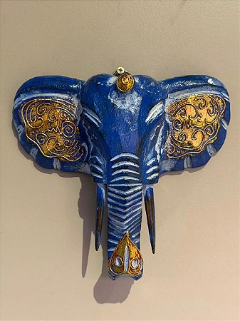 Cabeça De Elefante - Madeira - Azul e Dourado