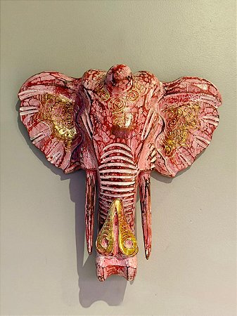 Cabeça De Elefante - Madeira - Rosa e Dourado