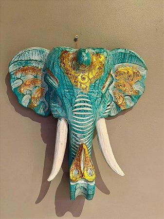 Cabeça De Elefante - Madeira - Verde Turquesa e Dourado