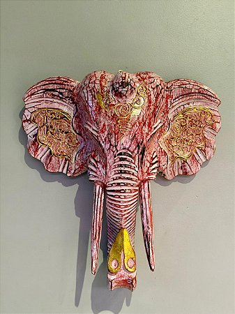 Cabeça De Elefante - Madeira - Rosa e Dourado
