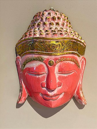 Cabeça Buda Esculpido - Madeira - Pintado à mão - Rosa e Dourado