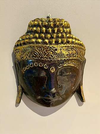 Cabeça Buda Esculpido - Madeira - Pintado à mão - Marrom e Dourado