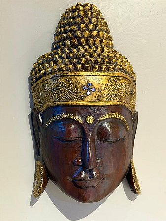 Cabeça Buda Esculpido - Madeira - Pintado à mão - Marrom e Dourado