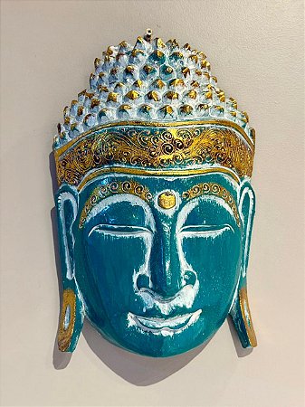 Cabeça Buda Esculpido - Madeira - Pintado à mão - Verde e Dourado