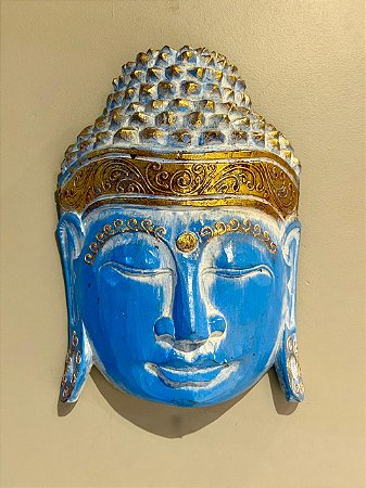 Cabeça Buda Esculpido - Madeira - Pintado à mão - Azul e Dourado