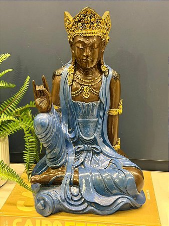Buda - Madeira - Azul, Marrom e Dourado - 41CM