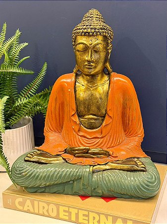 Buda - Madeira - Laranja, Verde e Dourado - 40CM