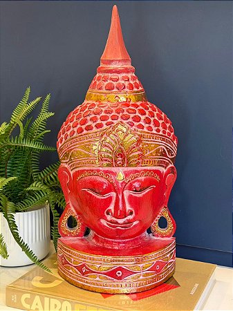 Cabeça Buda - Madeira - Vermelho e Dourado