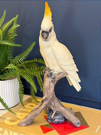 Escultura Cacatua - Decorativa - Cerâmica - Branca e Amarelo