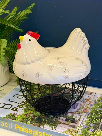 Galinha Decorativa - Porta ovos - Cerâmica - Branco - 23CM