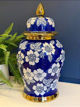 Potiche Cerâmica Azul, Branco e Dourado 46CM