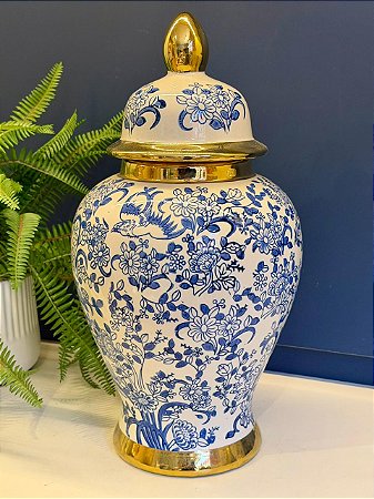 Potiche Cerâmica Azul, Dourado e Branco 40CM