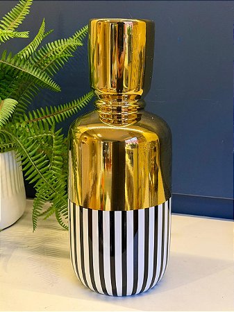 Vaso - Cerâmica - Preto, Branco e Dourado - 32CM