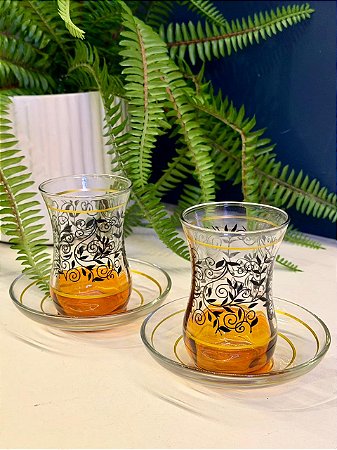 Copo Turco - Pares - Vidro Turquia - Flores - Laranja, Preto e Dourado