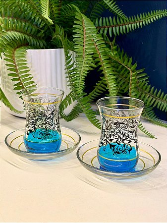 Copo Turco - Pares - Vidro Turquia - Flores - Azul, Preto e Dourado
