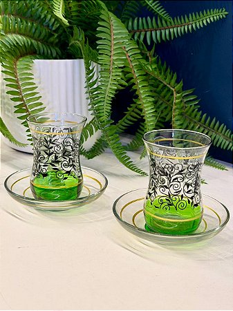 Copo Turco - Pares - Vidro Turquia - Flores - Verde, Preto e Dourado