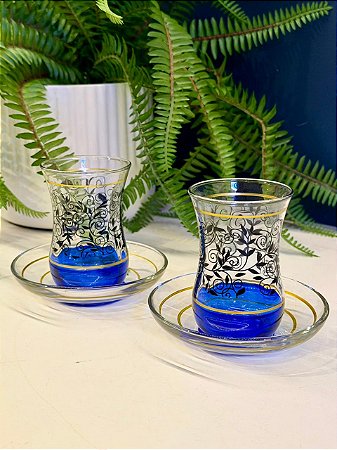 Copo Turco - Pares - Vidro Turquia - Flores - Azul Escuro, Preto e Dourado