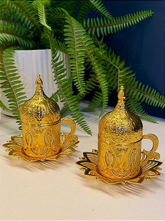 Xícara Turca - Par - Vidro - Branco e Dourado