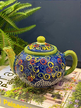 Bule Turco - Cerâmica - Pintado á mão - Azul Escuro, Verde e Colorido