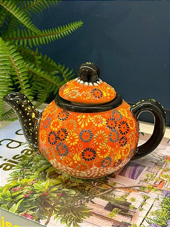Bule Turco - Cerâmica - Pintado á mão - Laranja, Preto e Colorido