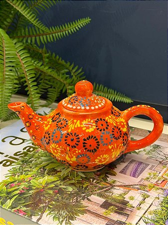 Bule Turco - Cerâmica - Pintado á mão - Laranja e Colorido