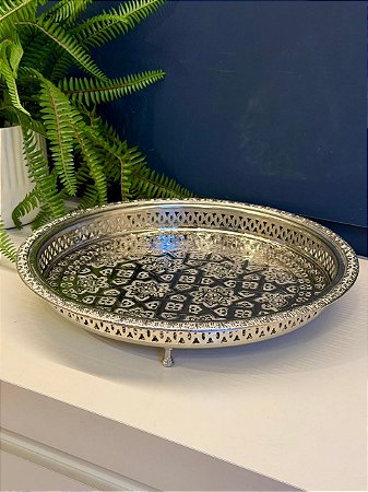 Bandeja Marroquina - Metal - Redonda - Prata - 33CM
