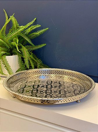 Bandeja Marroquina - Metal - Redonda - Prata - 42CM