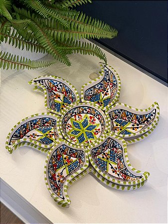 Petisqueira com Prato - Cerâmica - Turquia - Verde Claro e Colorido