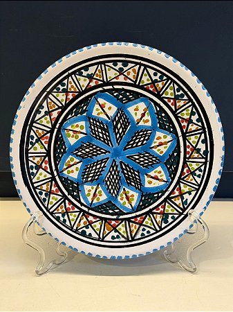 Prato de Parede PP - Tunísia - Decorativo - Cerâmica - Pintado à mão - Azul Claro e Colorido