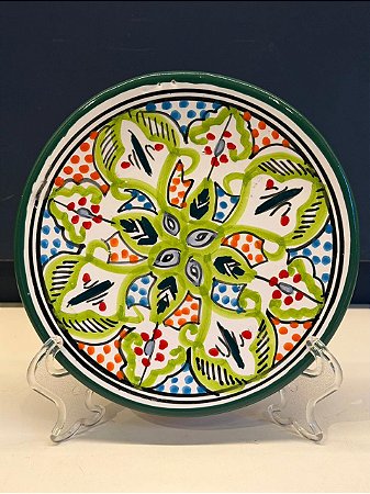 Prato de Parede PP - Tunísia - Decorativo - Cerâmica - Pintado à mão - Verde Claro e Colorido