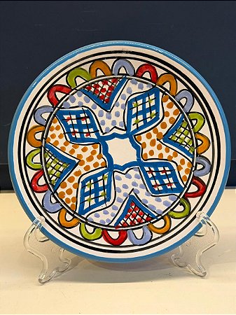 Prato de Parede PP - Tunísia - Decorativo - Cerâmica - Pintado à mão - Azul Claro e Colorido