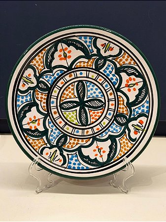 Prato de Parede Pequeno - Tunísia - Decorativo - Cerâmica - Pintado à mão - Verde Escuro e Colorido