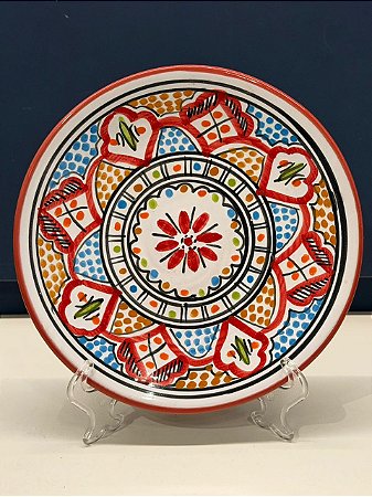 Prato de Parede Pequeno - Tunísia - Decorativo - Cerâmica - Pintado à mão - Vermelho e Colorido