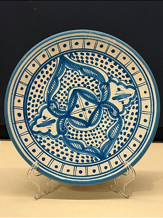 Prato de Parede Pequeno - Tunísia - Decorativo - Cerâmica - Pintado à mão - Azul Claro