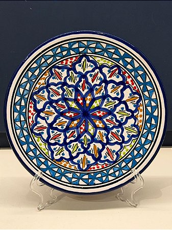 Prato de Parede Pequeno - Tunísia - Decorativo - Cerâmica - Pintado à mão - Azul e Colorido
