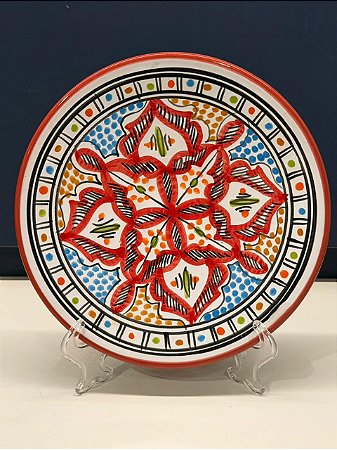 Prato de Parede Pequeno - Tunísia - Decorativo - Cerâmica - Pintado à mão - Vermelho e Colorido