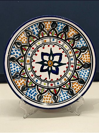 Prato de Parede Pequeno - Tunísia - Decorativo - Cerâmica - Pintado à mão - Azul e Colorido
