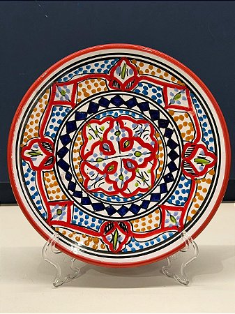 Prato de Parede Pequeno - Tunísia - Decorativo - Cerâmica - Pintado à mão - Vermelho e Colorido